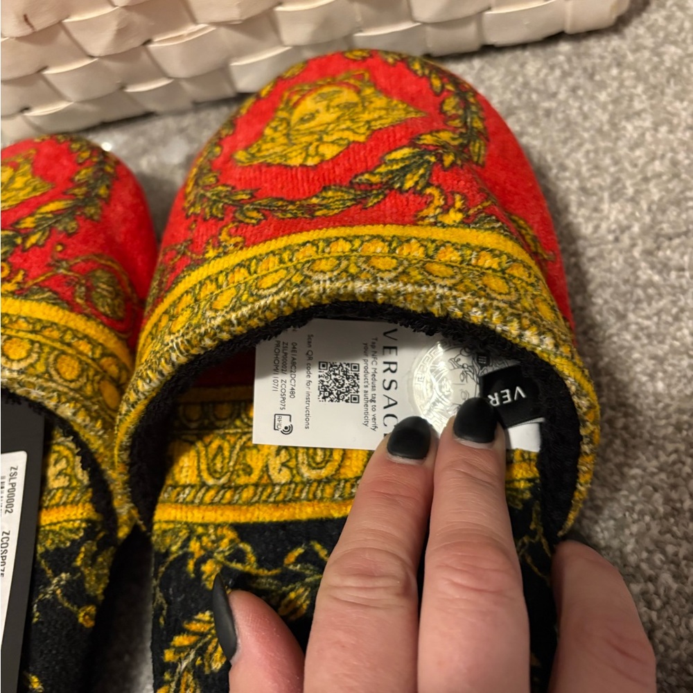 Versace Red and Gold Patterned Slippers - Picture 2 of 5